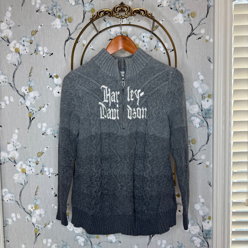 Harley Davidson Womens Grey Ombre Cable Knit Quarter Zip Sweater Gothic Logo L